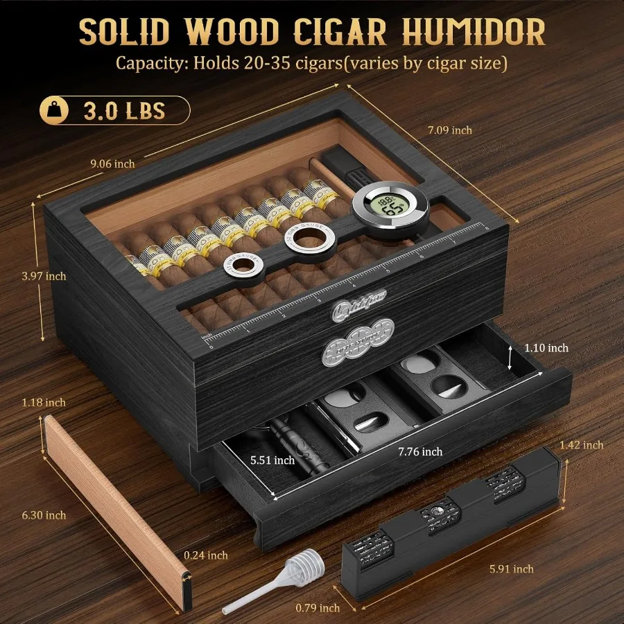 Umidificatore per sigari Contenitore per umidificatore da tavolo con parte superiore in vetro Regali per sigari per uomo Custodia per sigari in legno di cedro con igrometro digitale Umidificatore Measu