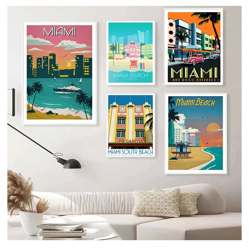 Travel Canvas Paintings Vintage Wall Kraft Posters Coated Wall Stickers Home Decor Pictures Vintage Florida Miami Beach America