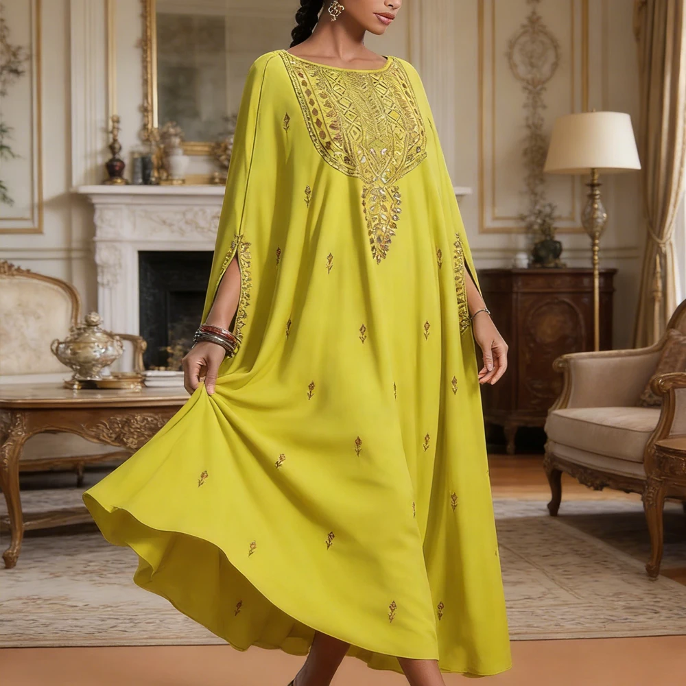 

Muslim Women Batwing Sleeve Dress Eid Djellaba Sequin Abaya Dubai Kaftan Embroidery Islam Clothing Turkey Caftan Femme Robe Gown