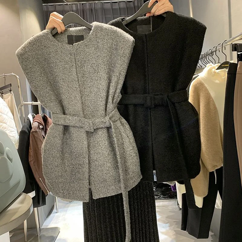 Retro Loose Mid Length Jacket Vest With Belt 2025 Autumn New High-end Zipper O-neck Top Women's Korean Version Slim Fit Coat