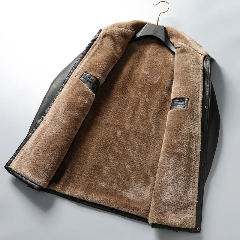 

Timeless Men PU Leather Jackets Thicken Fleece Lining Warm Faux Fur Coats Black Coffee Outerwear Quiet Luxury Thermal Clothes