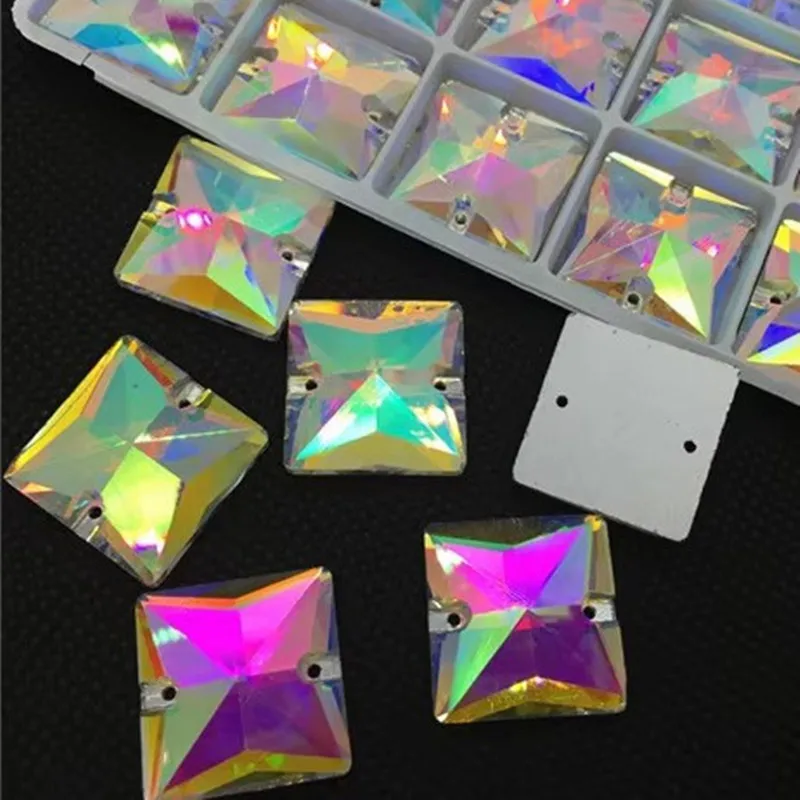 Wholesale Square Sew On Stone Crystal Clear AB Color 10,12,14,16,22mm Sewing Glass Crystal Beads Flatback 2 Holes Dress Making