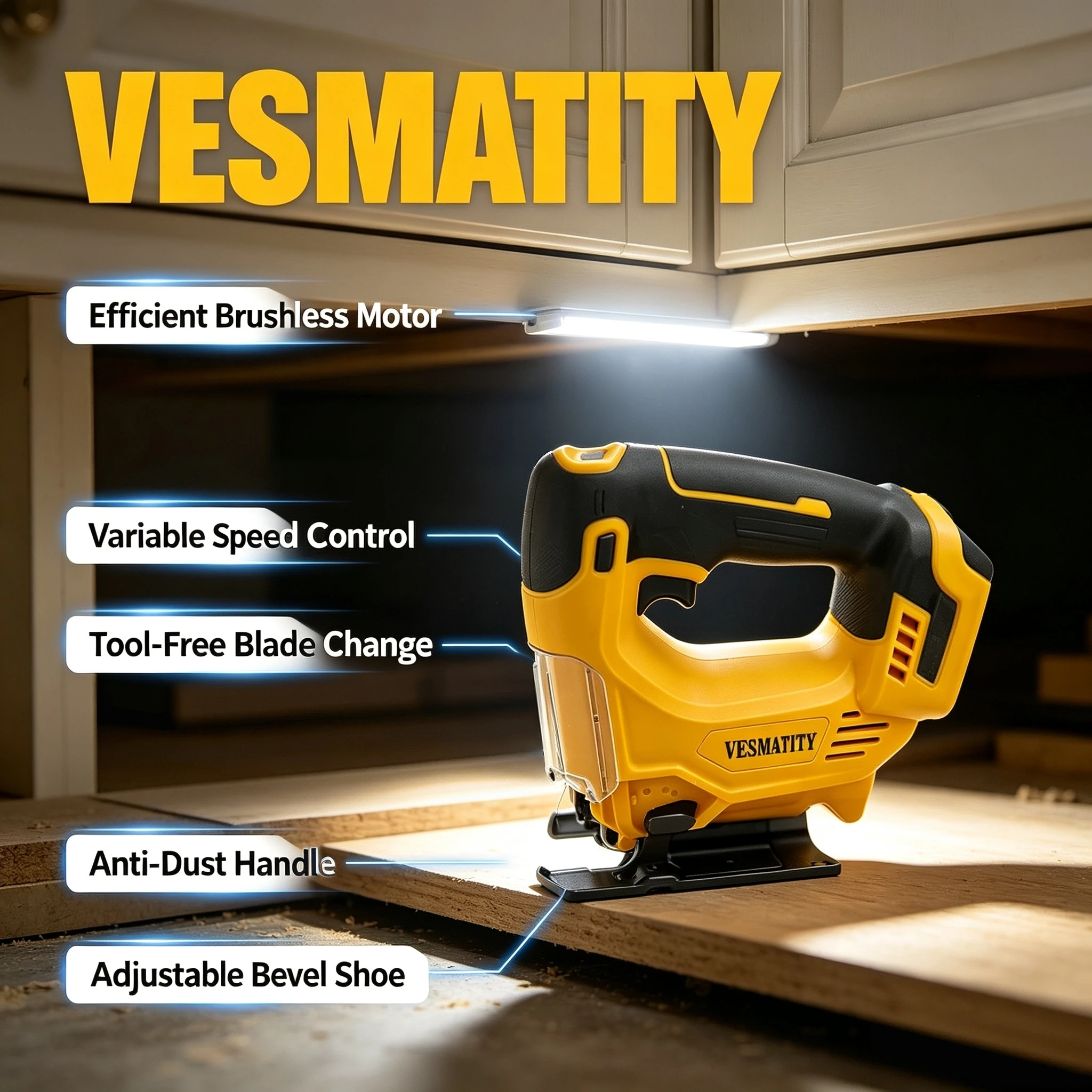 Vesmatity Variable Speed Jigsaw Brushless Cordless Electric Jig Saw For Wood Metal Cutting Anti-dust Handle 18V Battery Plus