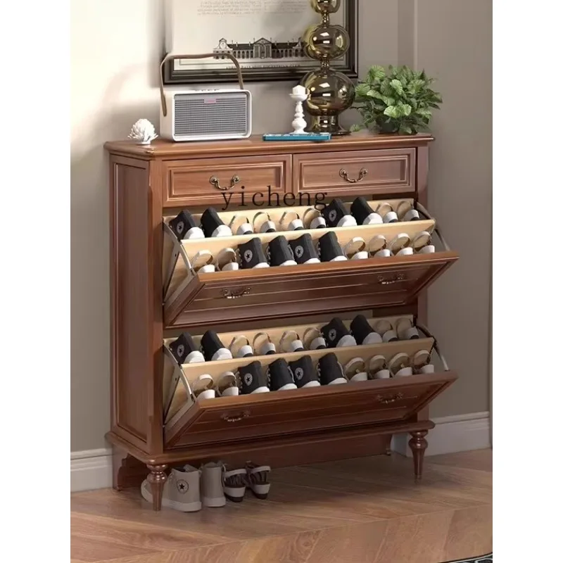 pure solid wood dwarf walnut color ultra-thin tipping bucket shoe cabinet saves space