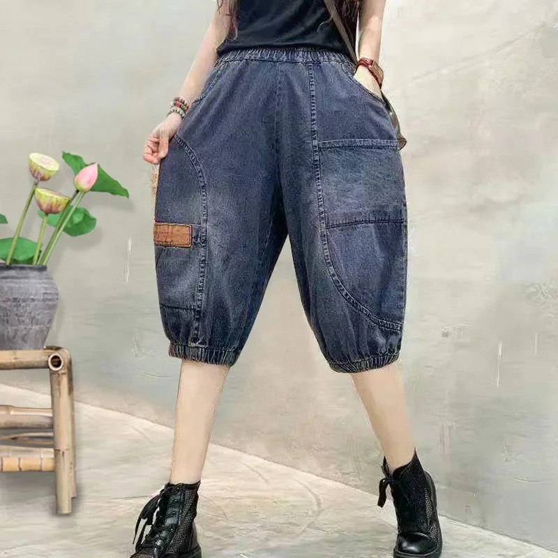 Summer Thin Five Quarter Denim Shorts For women Loose Oversized Retro Elastic waist Casual six quarter Mid length Jeans Female