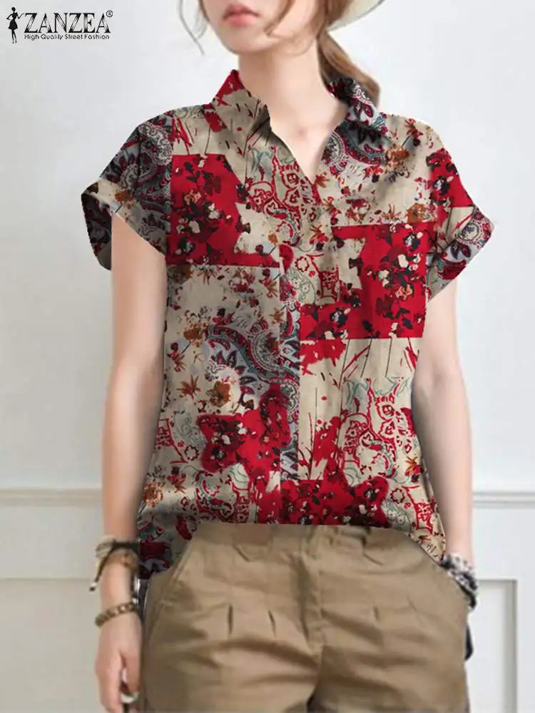 ZANZEA 2024 Summer Vintage Floral Printed Blouse Women Tops Bohemian Short Sleeve Shirt Retro Lapel Neck Casual Loose Blusas