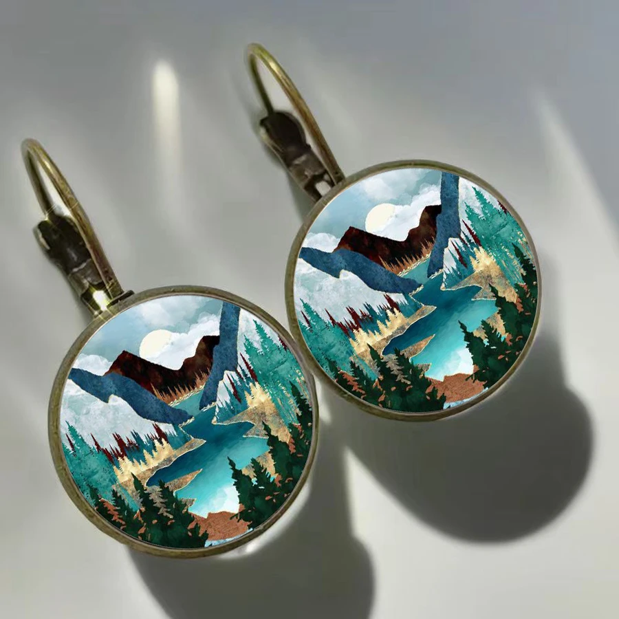 2024 New Mountain River Sunset Earrings Lake Forest Scenery Women\'s Glass Earrings Love for Nature Girl Earrings Gift