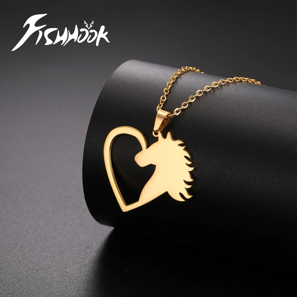 Fishhook Heart Horse Necklace for Woman Men Kid Child Unicorn Animal Supernatural Pendant Chain Stainless Steel Jewelry Gift