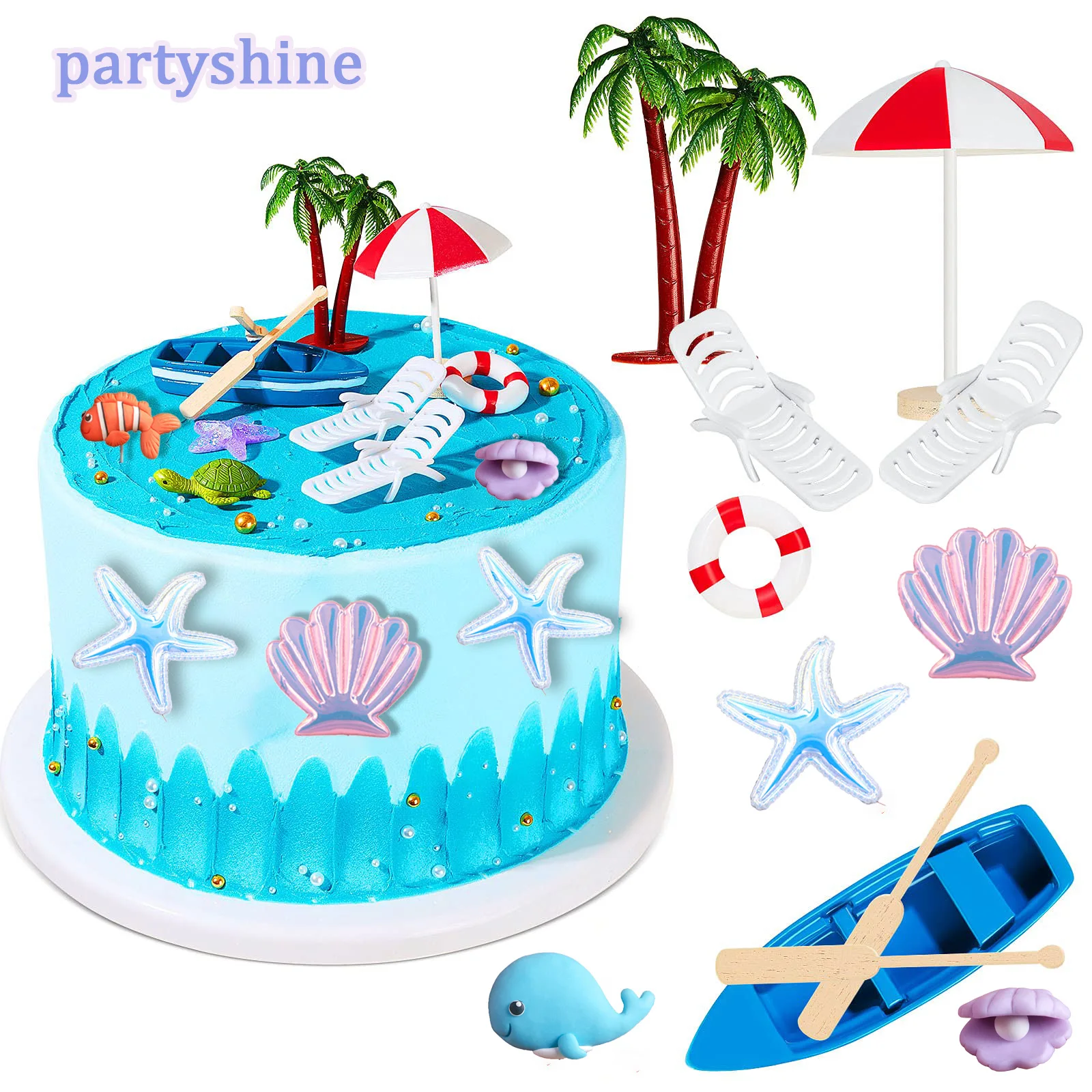 12Pieces Ocean Cake Decoration Green Palm Tree Summer Beach Chair Umbrella Cake Toppers For Hawaiian Beach Birthday Party Decors