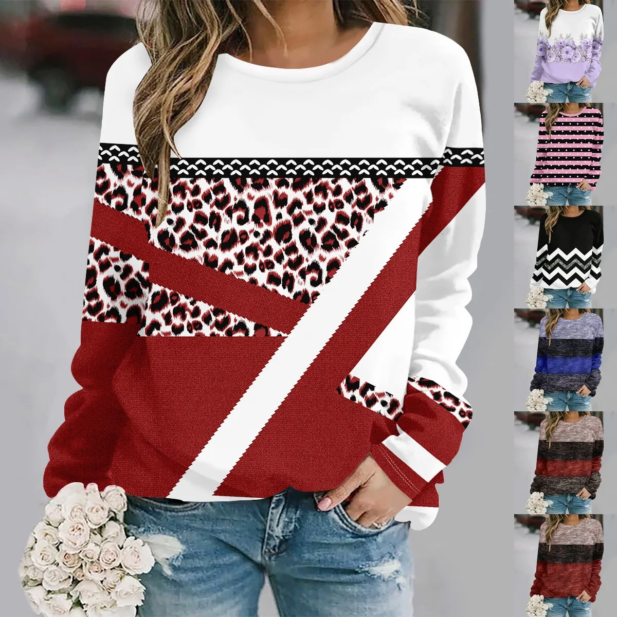 

Женская повседневная свободная футболка больших размеров, осенне-зимняя новая модная элегантная повседневная свободная толстовка с круглым вырезом и длинными рукавами с принтом