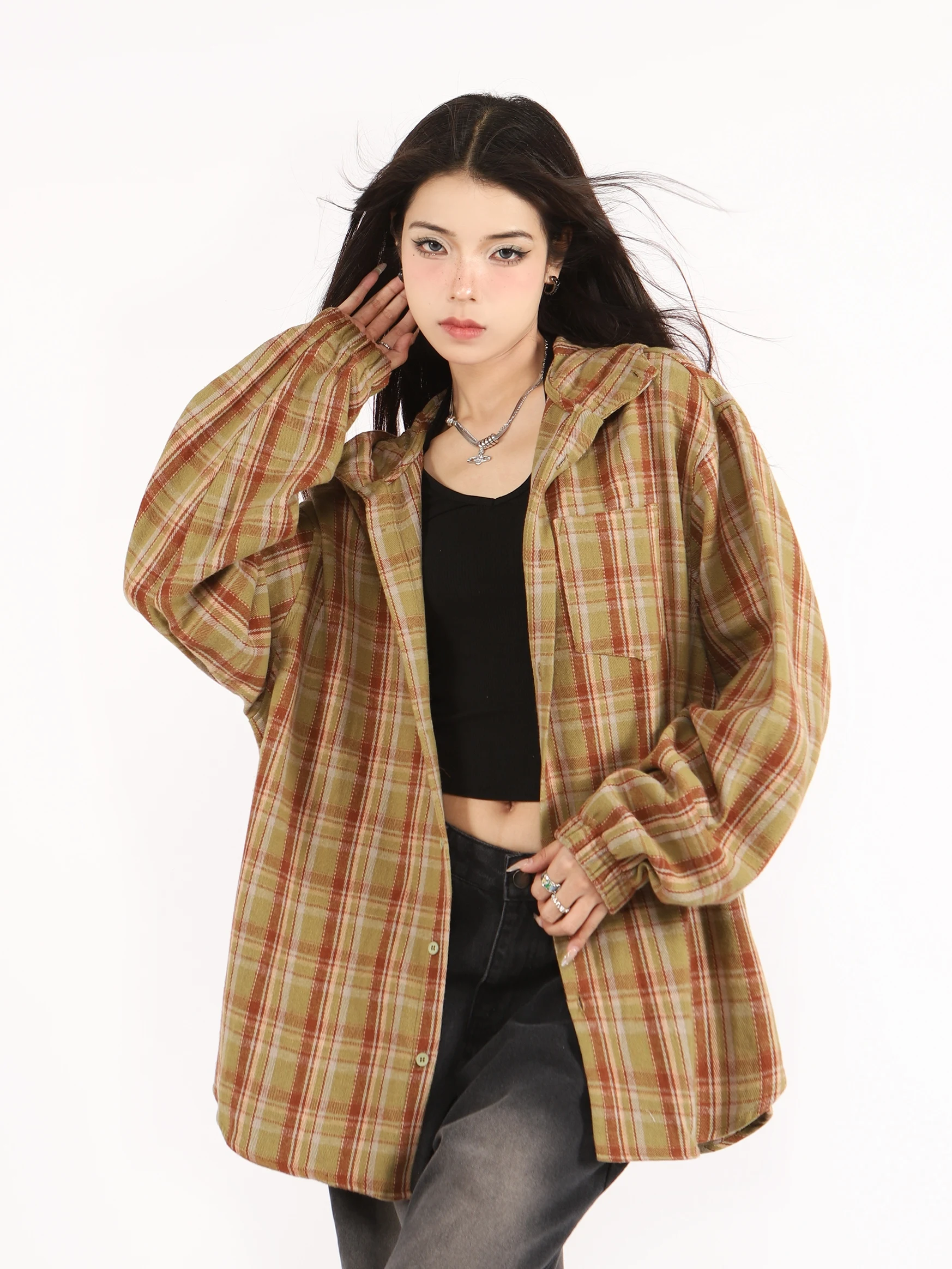 American Sle Long Sve à capuche irt femmes mince printemps automne marque à la mode haute Sensation motif à carreaux coupe ample haut