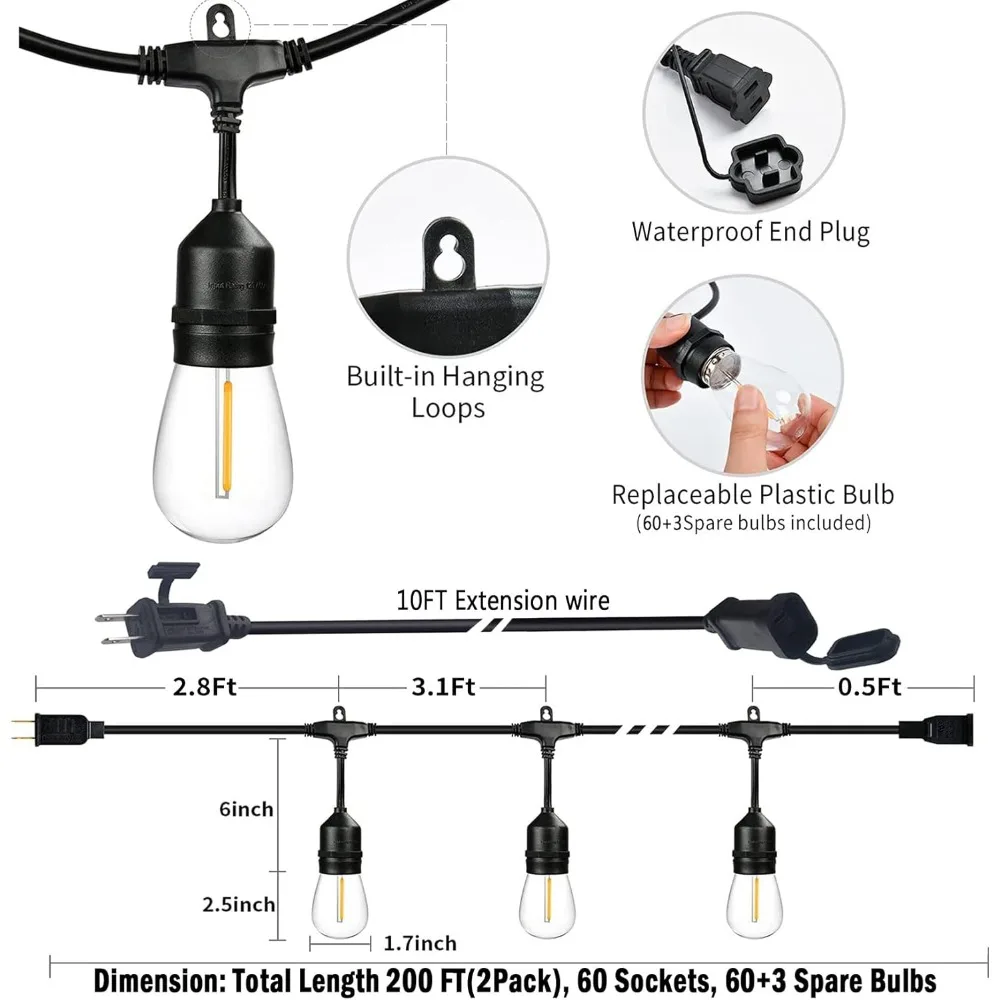 سلسلة أضواء LED خارجية بطول 200 قدم مع 63 لمبة إديسون مقاومة للماء للفناء #2