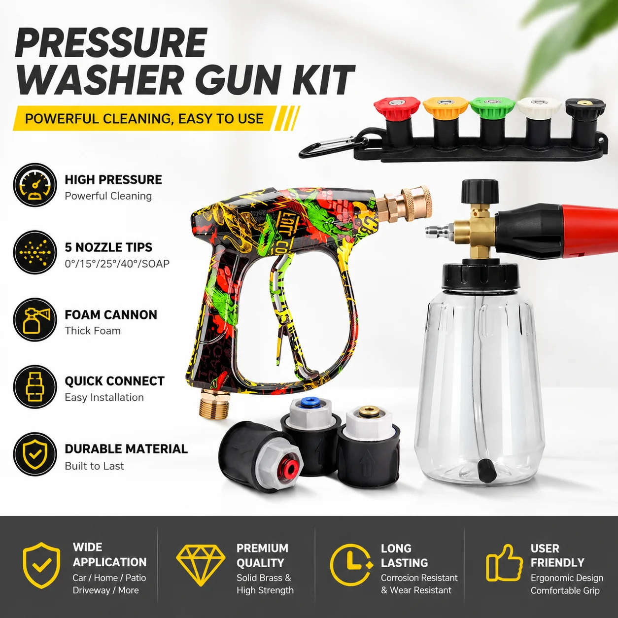 Car Cleaning Pressure Wash Gun Accessory Kit, Quick Release Connector & Multi Nozzles Fit Karcher Nilfisk Parkside Bosch