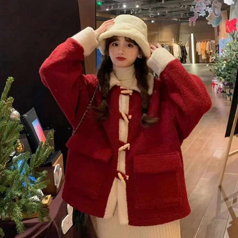 HOUZHOU Vintage Red Fleece Jacket Women Oversized Lamb Wool Coat Korean Fashion Cute Short Jackets Chic and Elegant Aesthetic