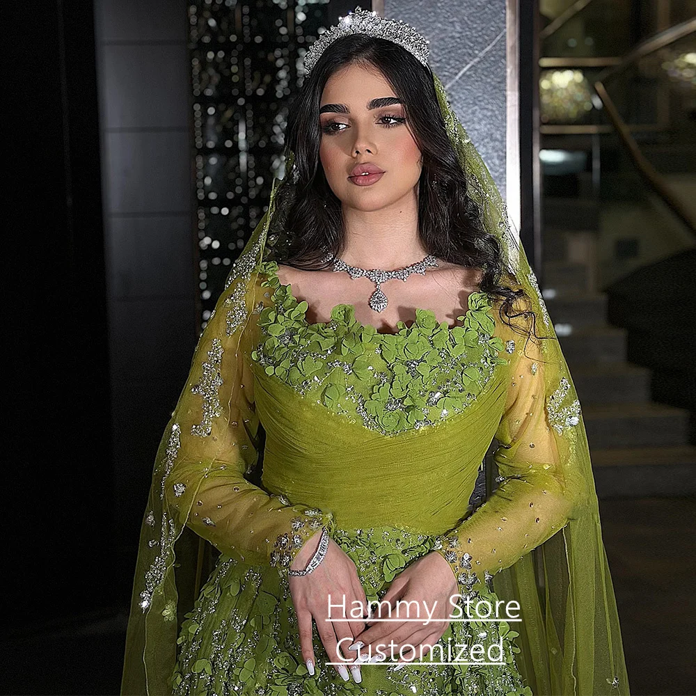 فستان سهرة عربي مع ذيل مخصص رقبة سكوب وأكمام طويلة زهور دانتيل لحفلات الزفاف فساتين حفلة موسيقية سعودية