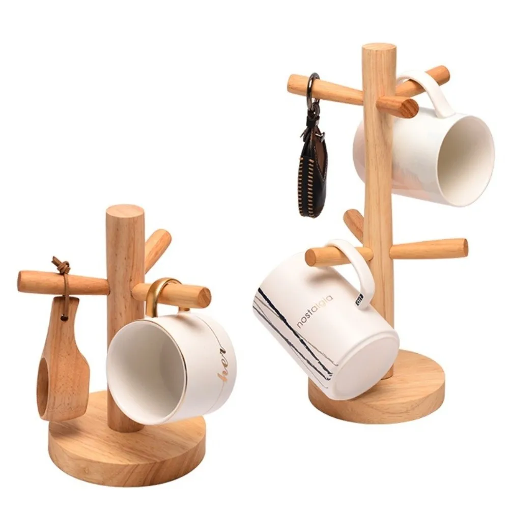 Wooden Mug Tree Holder Multi Hooks Vertical Design Cup Drying Stand Round Base Drain Function Teacup Organizer Home Storage