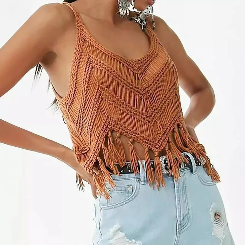 

Women's Crochet Knit Pullover - Bohemian Fringe Beach Cover-Up Top