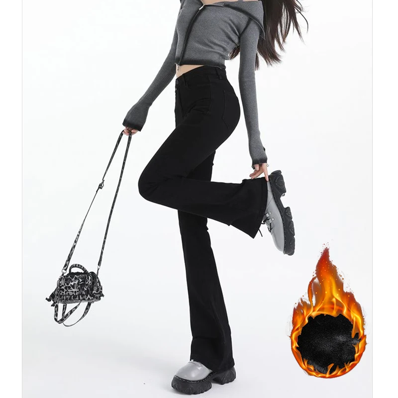 Pantalones vaqueros acampanados de felpa térmica de cintura alta para niña, pantalones vaqueros clásicos de lana fina para mujer, pantalones cálidos para la nieve a la moda para invierno