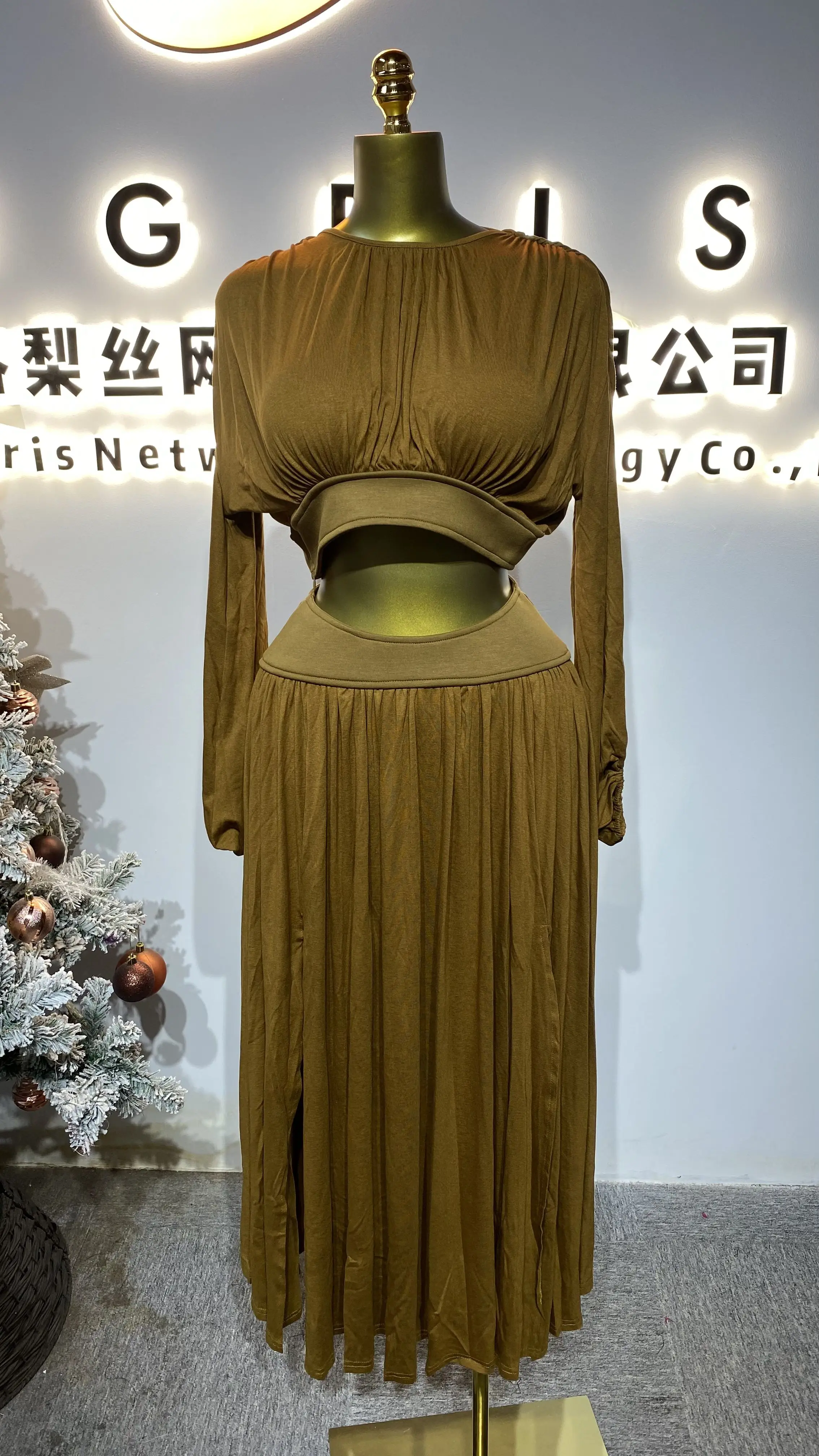 

High-quality long new batwing sleeve tie-waist slim fit women's chiffon dress-GZXX186