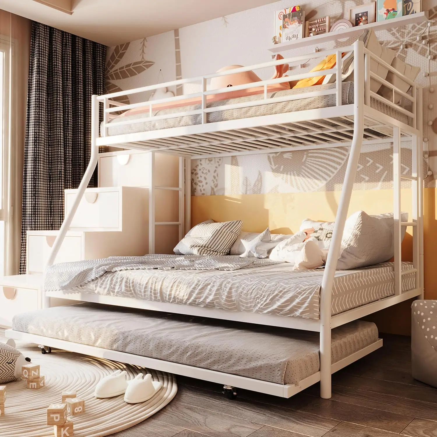 Metal Loft Bed With 2 Secured Ladders, Bunk Bed Twin Over Full With Trundle, Trundle Beds Twin Safety Guard, For, Customized