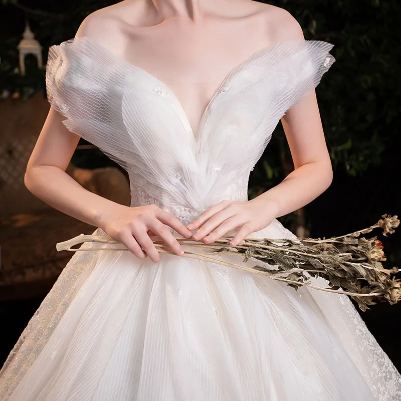 Custom Classic V Neck Off Shoulder Sparkling Tulle Lace Ball Gown Embroidery Lace Up Back Floor-Length Sweep Train Bridal Gown