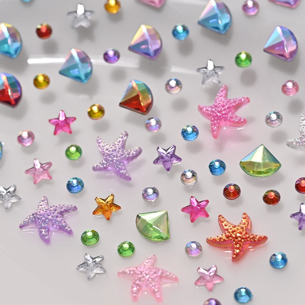 2 Blatt schillernder Stern, rundes Gesicht, Juwelen, Tattoo-Aufkleber, Seestern, Kristall-Edelsteine, gefälschtes Tattoo für Augen- und Körper-Make-up, Strass-Dekor – Detail 7