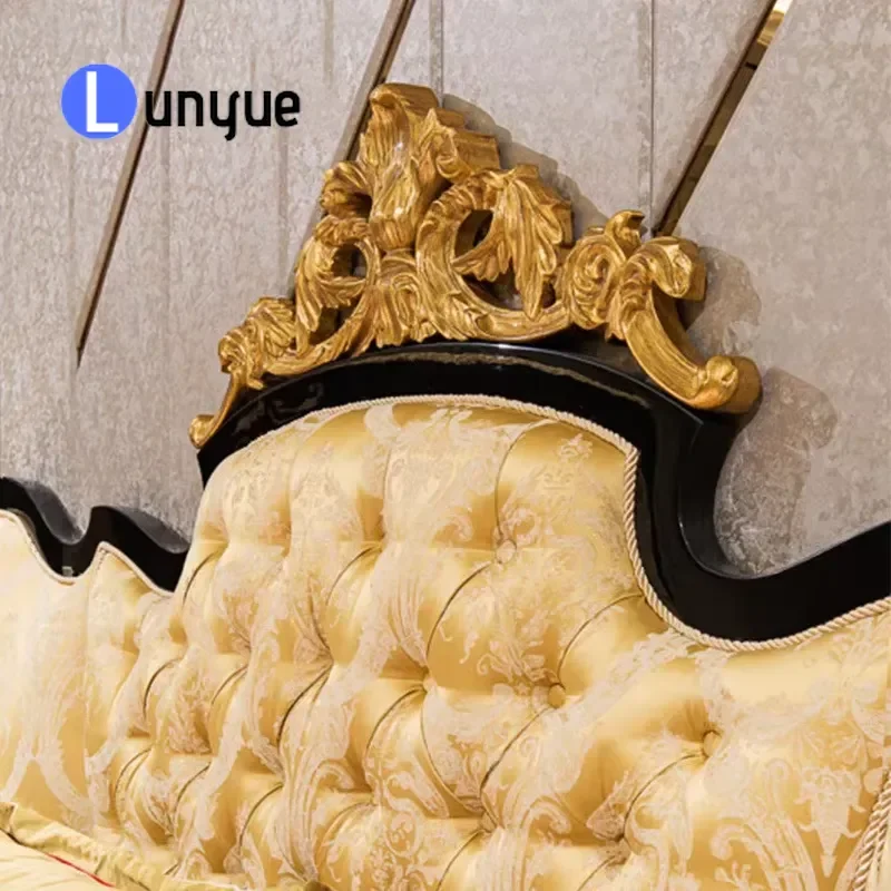 Luxury French Style Solid Wood Bed High End Gold Fabric Leather Upholstered Classic Design Elegant Bedroom Furniture for
