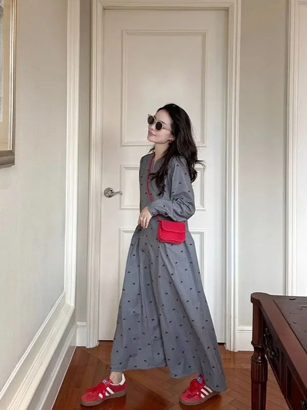 

Женское длинное платье больших размеров с цветочным принтом, с длинными рукавами, весеннее, с завышенной талией, стройнящее, в деловом стиле, повседневное, свободного кроя