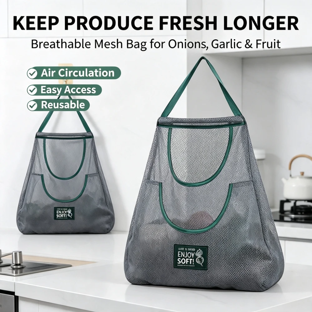 Hanging Mesh Storage Organizer Bag Wall-Mounted Breathable And Washable Drainage Mesh Bag with Hooks to Save Space, Suitable