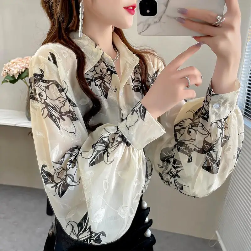 2024 Spring Summer Women Trendy Print Embroidery Chic Button Up Shirt Casual Lantern Long Sleeve Thin Chiffon Blouse Loose Tops