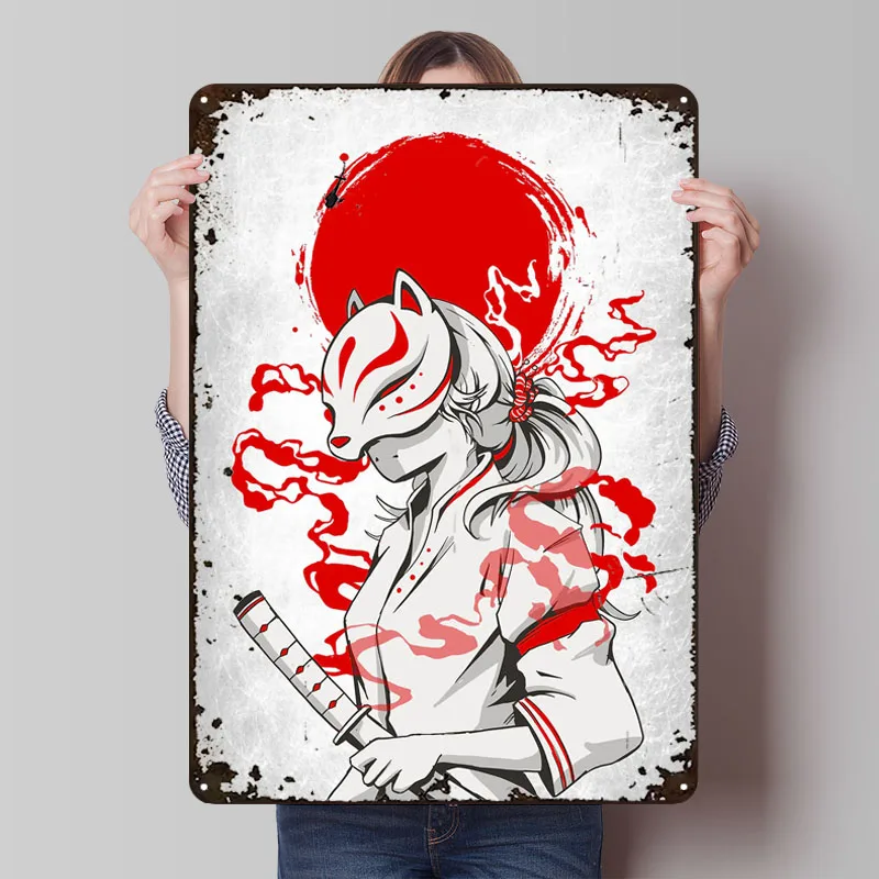 Samurai Girl Kitsune Mask Japanese Metal Poster Decor for Room Decoration Customizable Metal Tin Signs for Wall Art Decoration