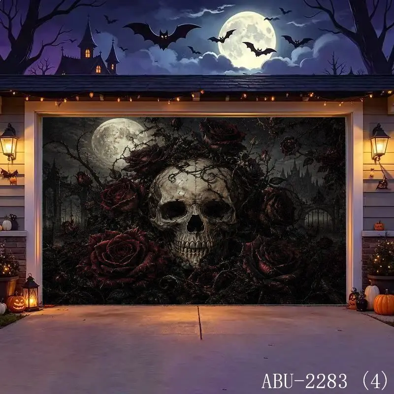 VIKAMA Halloween Skull Thorn Red Rose Full Moon Castle Garage Door Cover Tapestry Spooky Gothic Outdoor Home Decor Aesthetic