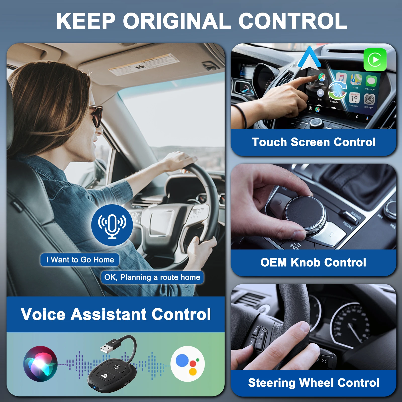 Wireless Android Auto & Apple CarPlay 2 in 1 Adapter, Wireless Adapter for Factory Wired CarPlay Cars