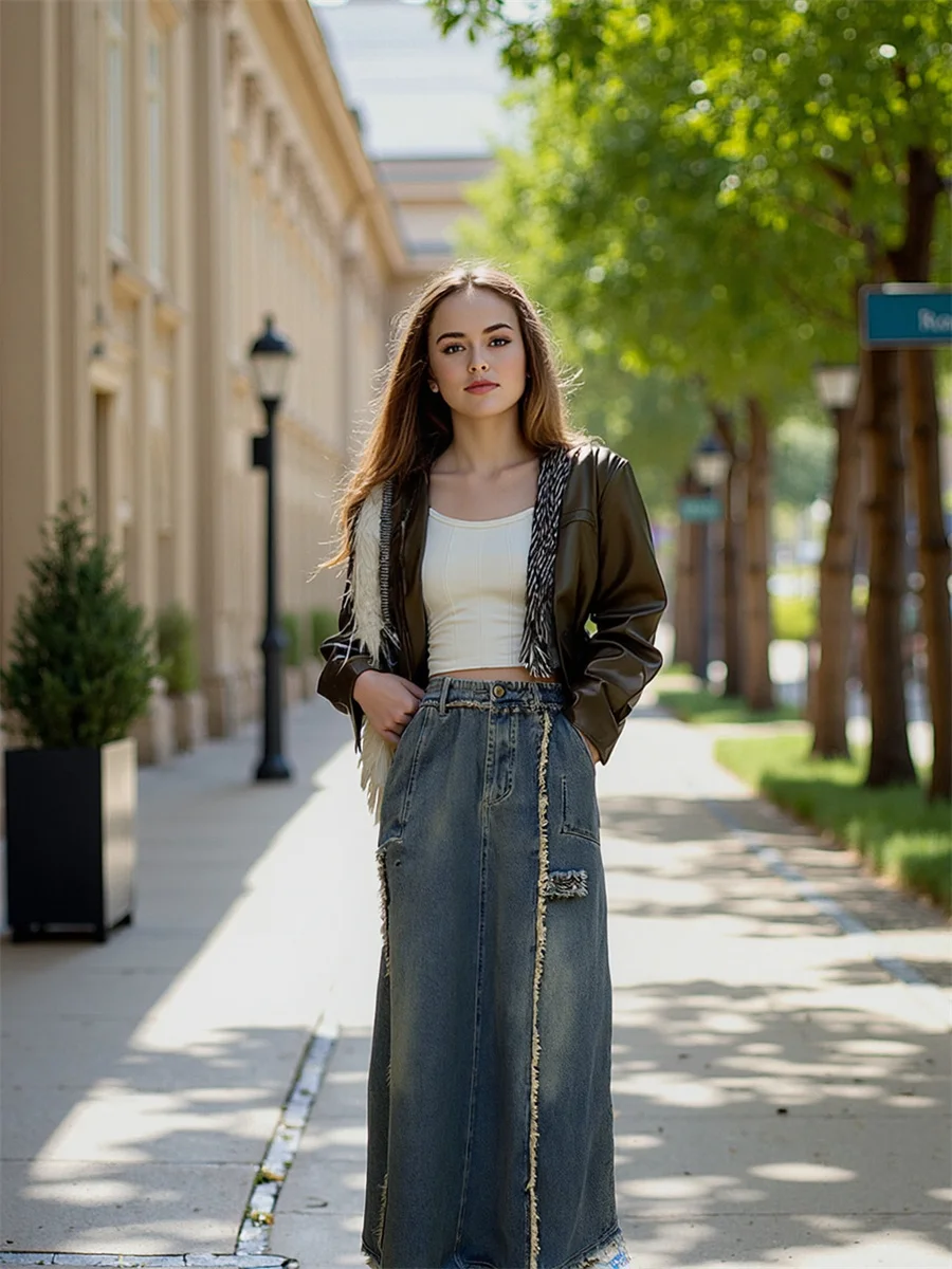 

Ankle length Denim Skirts Womens Tulle Ball Gown Layered Artistic Feminina Patchwork Modern Chic Elegant Sweet Classic Ruffle