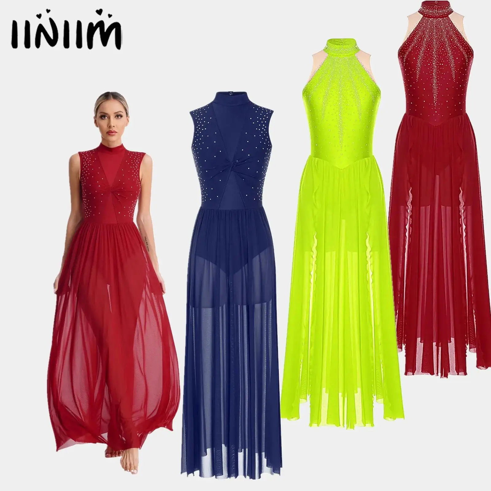 Femmes gymnastique acrobatie patinage Ballet danse lyrique Costume strass scintillants fendu danse contemporaine fendu Maxi robe