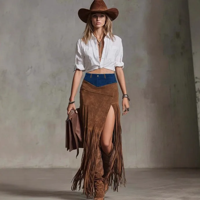 Women Suede Asymmetrical Skirt Denim Waistband Brown Patchwork Skirts Fringe Maxi Skirt Western Style High Slit Long Skirt