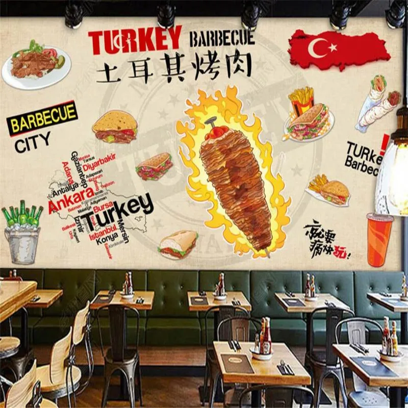 Custom Mural Hand-painted Turkish Barbecue Fast Food Restaurant Industrial Decor 3D Wall Paper Snack Bar Self-adhesive Wallpaper