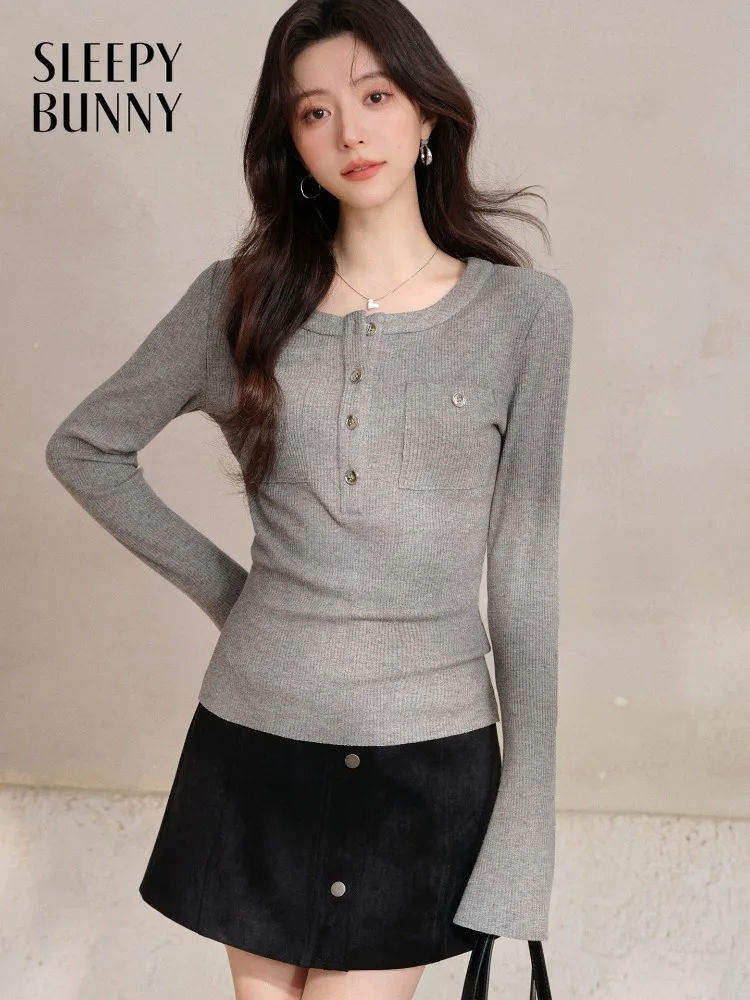 Women Slim Fit Crew Neck Stretch Knit T Shirt Spring Lady Elegant Versatile Fitted Blouse Casual Slimming Elastic Top Daily Wear