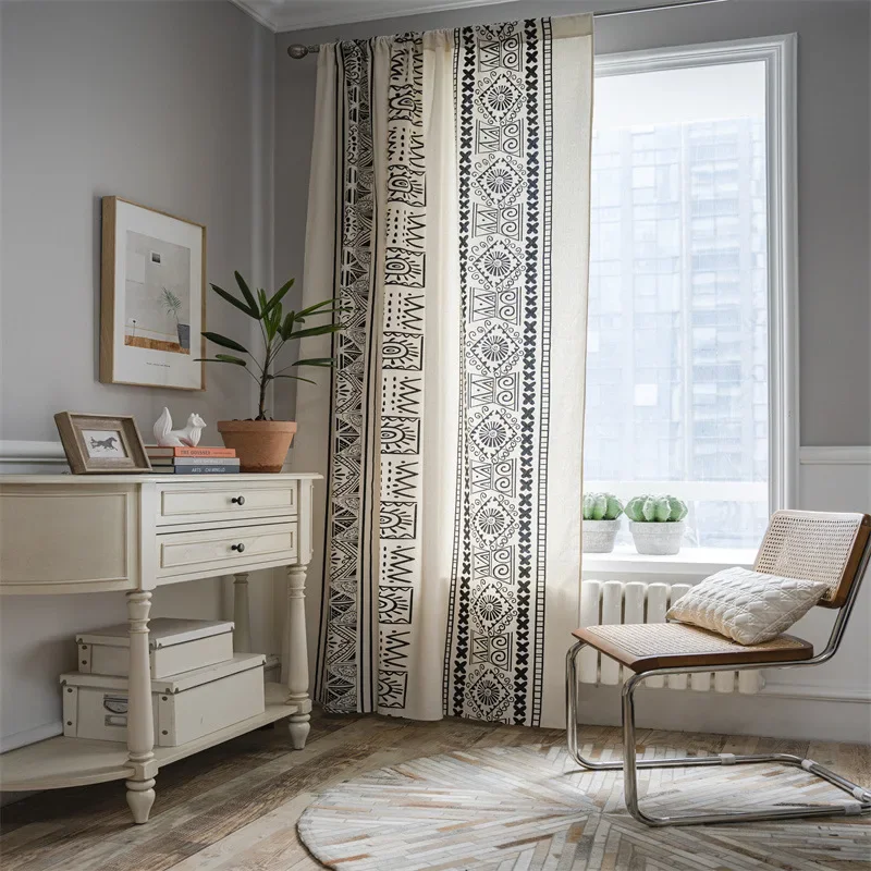 Bohemia Black and White Geometry Cotton Linen Home Window Curtain Thick Blackout Drapes Bay Window Curtains for The Living Room