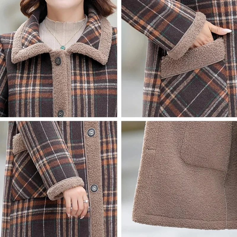 Mother\'s Winter Plush Woolen Coat Thicken Warm Cotton Parkas Middle-aged Elderly Women Granular Velvet Long Plaid Wool Jacket