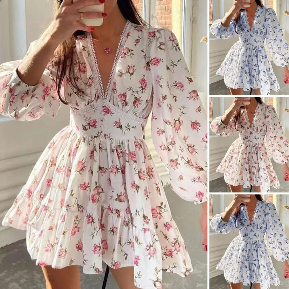 

Slim Waist Dress Floral Lace A-line Mini Dress With Lantern Sleeves V Neck Pleated Patchwork Hem For Spring Summer Parties Women