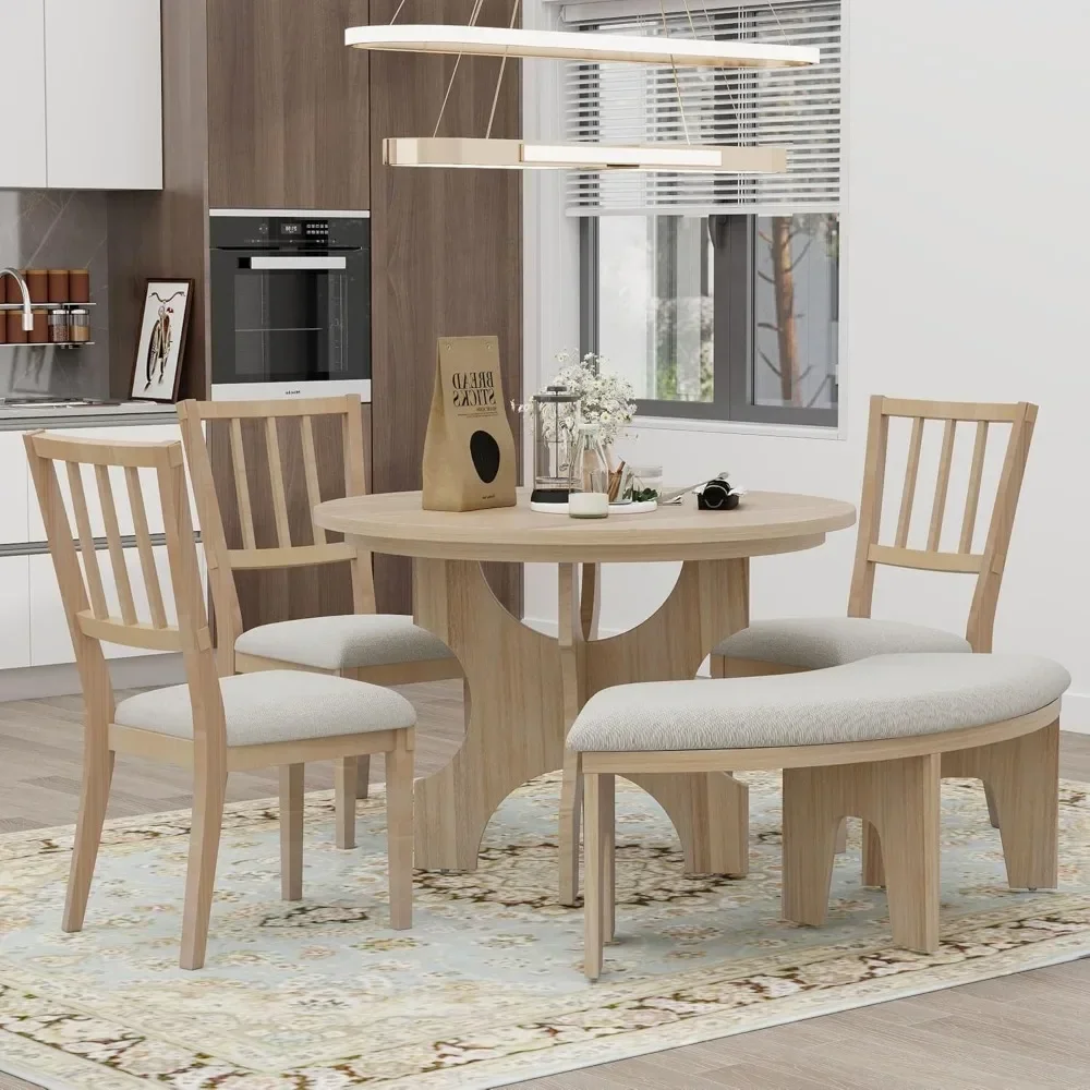 5-Piece Dining Table Set with Curved Bench & 3 Chairs Retro Round Dining Table Set