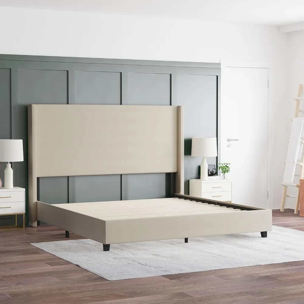 Rivestimento in finto lino per letto con piattaforma Nora Wingback - Struttura in legno ingegnerizzato resistente - Nessun bisogno di molle - Design leggero