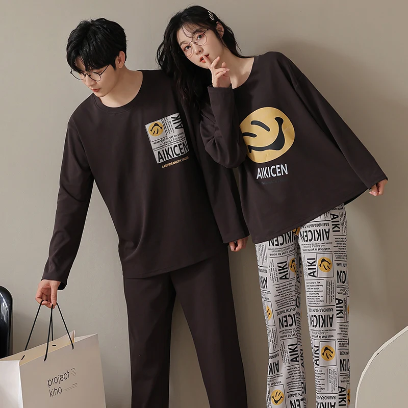 Personalized letter pattern spring and autumn couple pajamas all cotton round neck set men's and women's casual home clothing