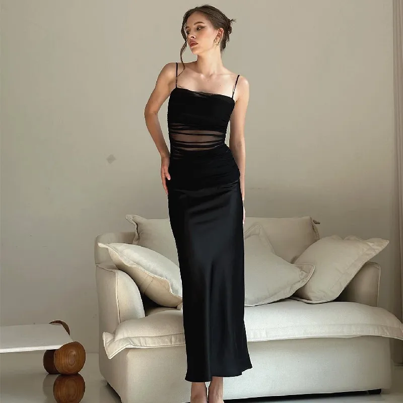 New French Mesh Patchwork Camisole Skirt Slim Fit Long Slit Elegant Pure Lustful Style Dress For Women