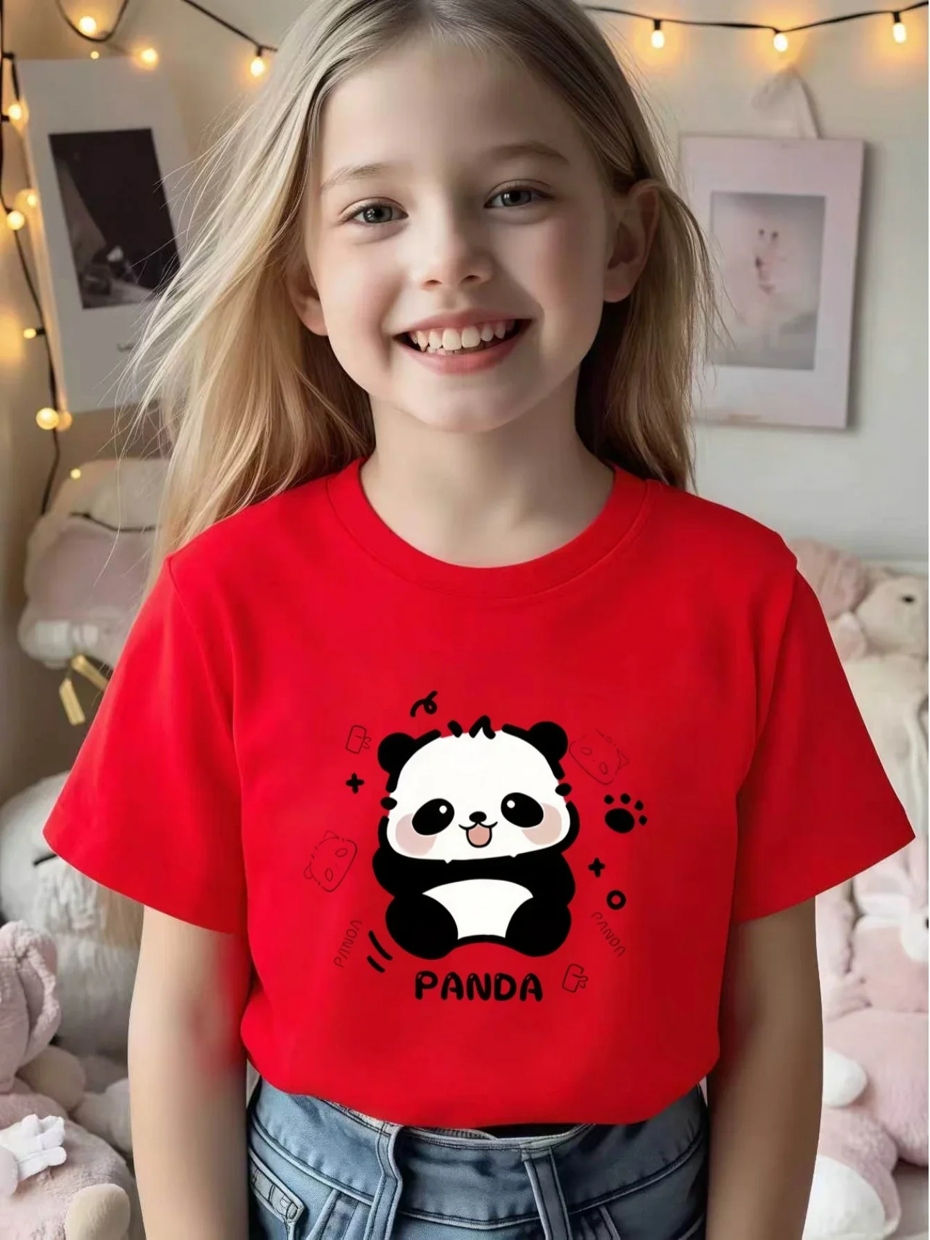 Cute Cartoon Panda Print Kids Short Sleeve T Shirt Round Neck Casual Summer Top Lovely Animal Graphic Children Tee For Boys Girl