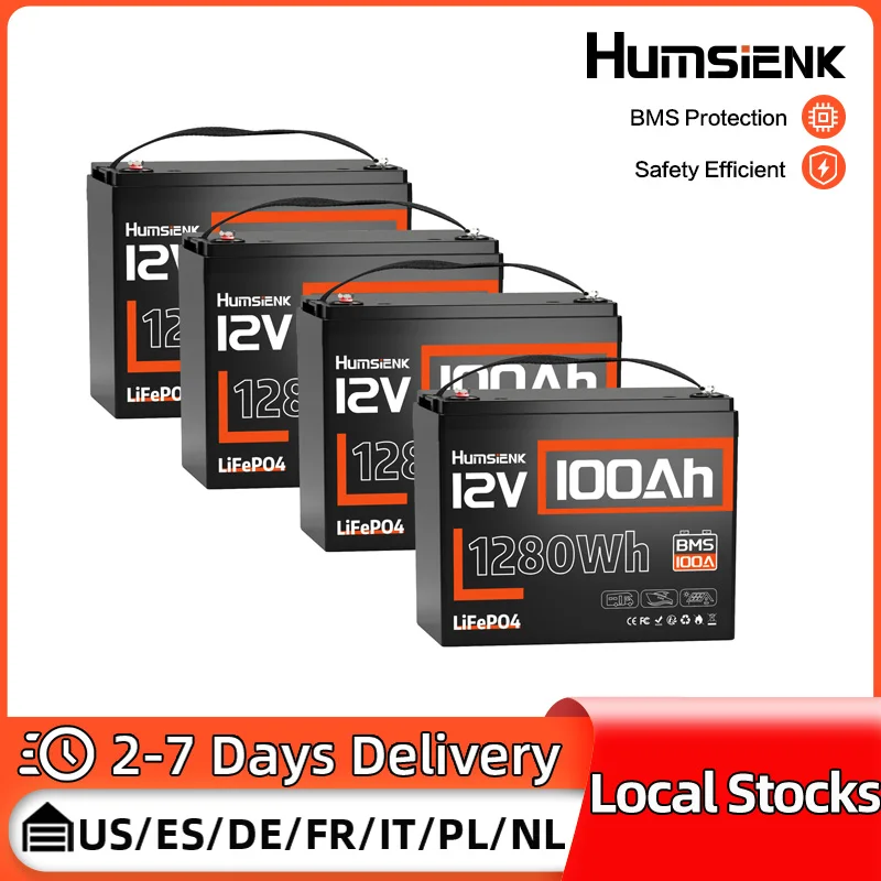 

Humsienk 12V 100Ah LiFePO4 Battery 4-Pack A+ Cell Deep Cycle For RV Golf Cart Marine Yacht Camping Fishing Home Backup Power