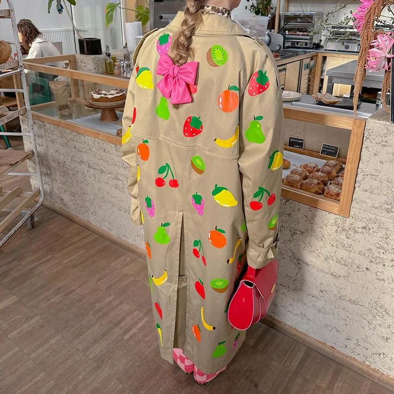 2024 Chic Fruit Print Long Coat Lapel High Street Niche Design Wind Coat Autumn Fashionable Women Outerwear