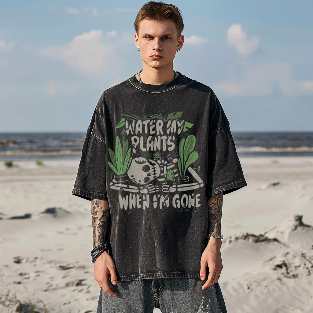 Y2K Washed T Shirt For Men, Hip Hop Skull Plants Graphic Printed Oversized Tshirt For Unisex ,Harajuku Short Sleeved Streetwear.