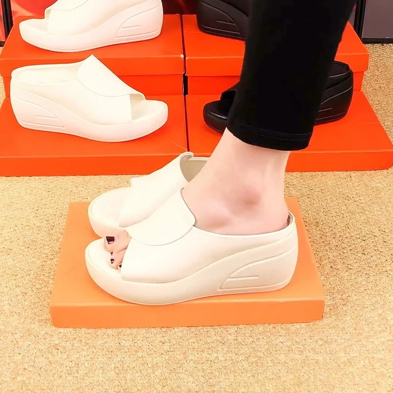 

Women's Shoes Peep Toe Wedge Beach Slides Comfortable Non-Slip Soft Leather Casual Summer Platform Slippers for Women